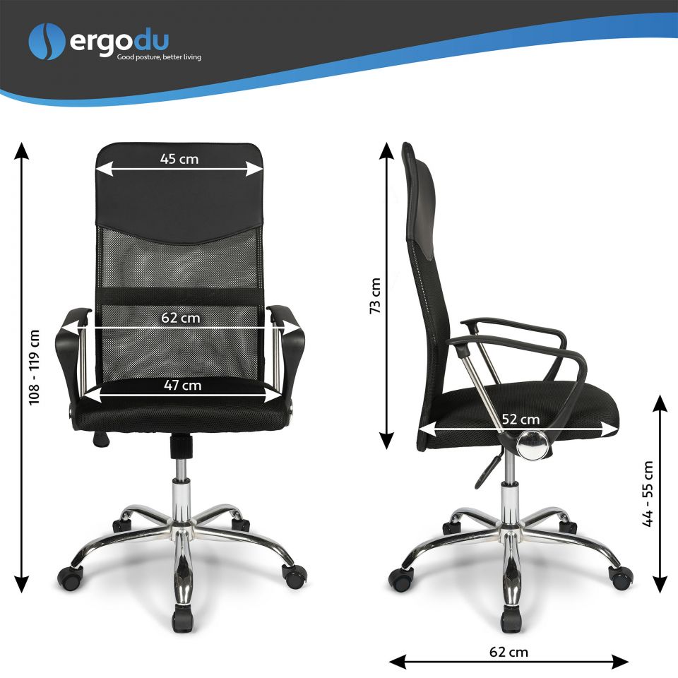 Ergodu ergonomische mesh bureaustoel met gevoerde zitting maattabel