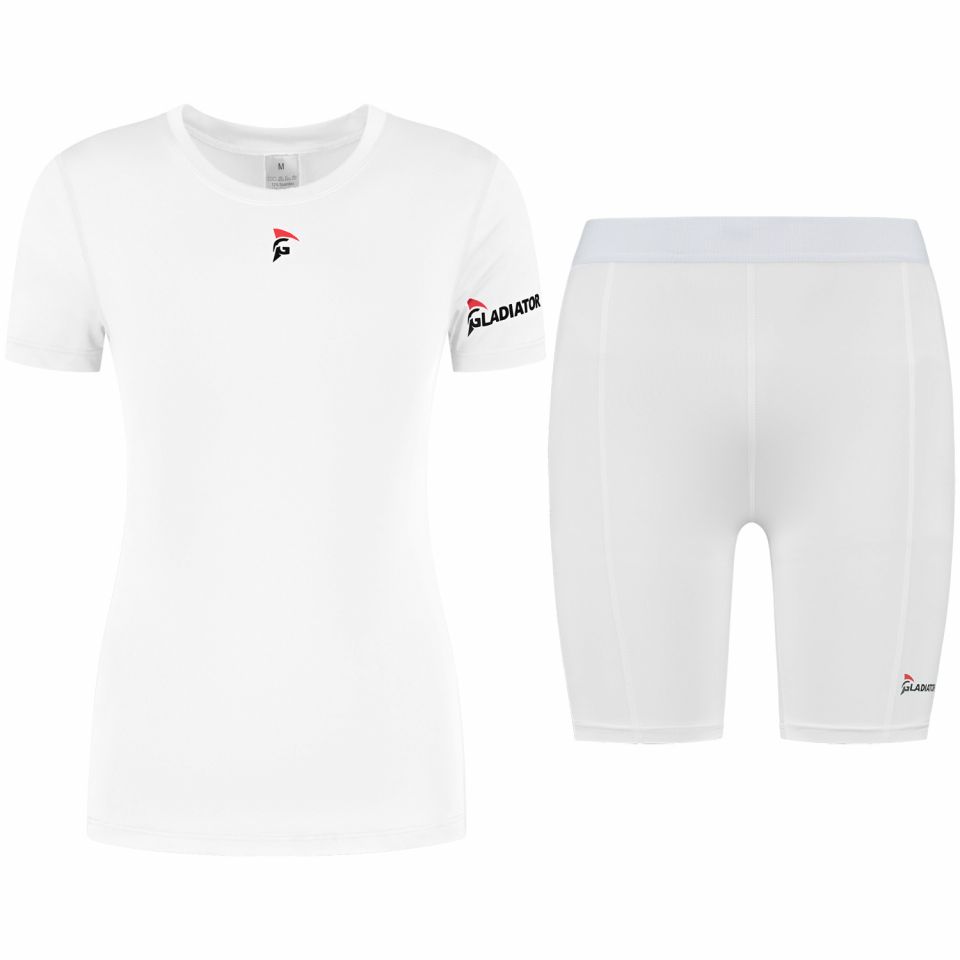 gladiator sports pakket compressiebroek en shirt dames wit van voren