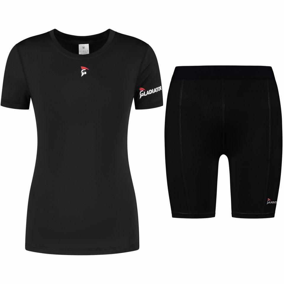 gladiator sports pakket compressiebroek en shirt dames zwart van voren