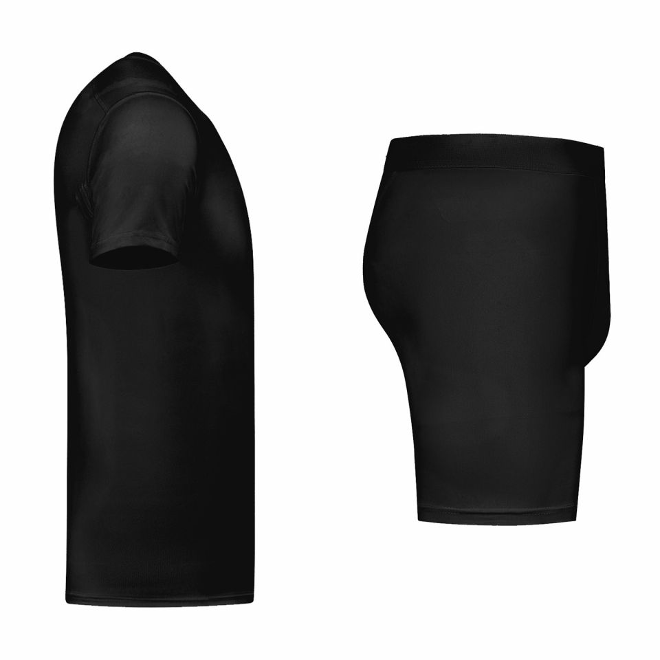gladiator sports pakket compressiebroek en shirt heren shirt in zwart vanaf de zijkant gefotografeerd