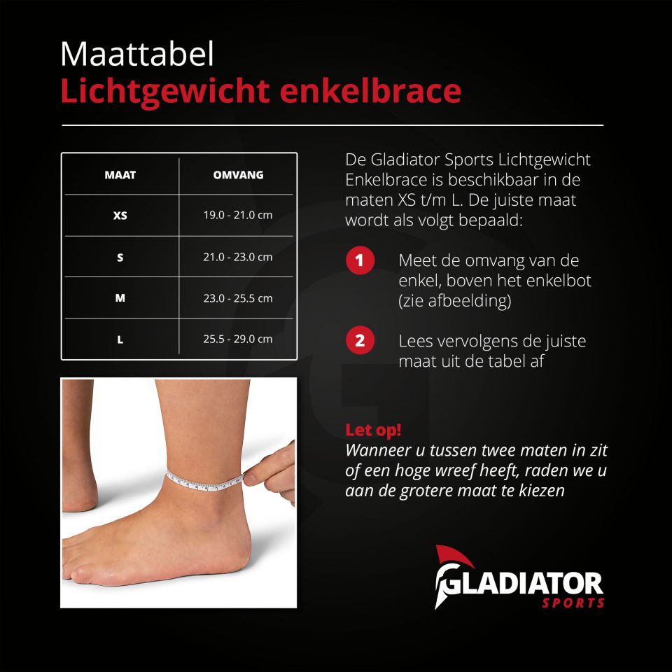 gladiator sports enkelbrace lichtgewicht met straps maattabel