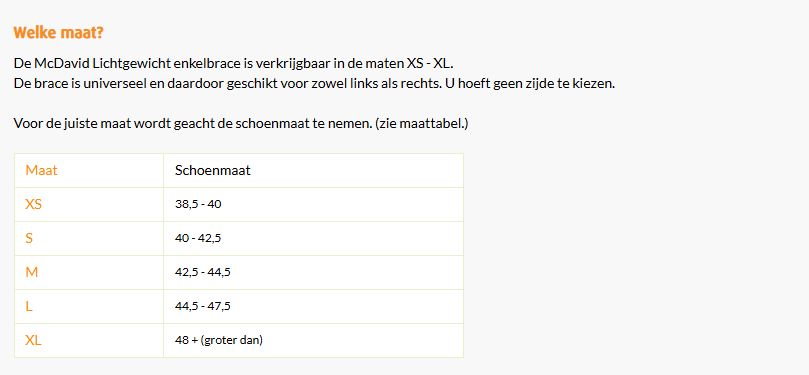 Maattabel McDavid enkelbrace