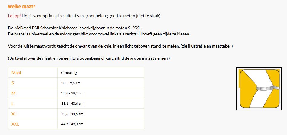Maattabel McDavid PS II scharnier kniebrace