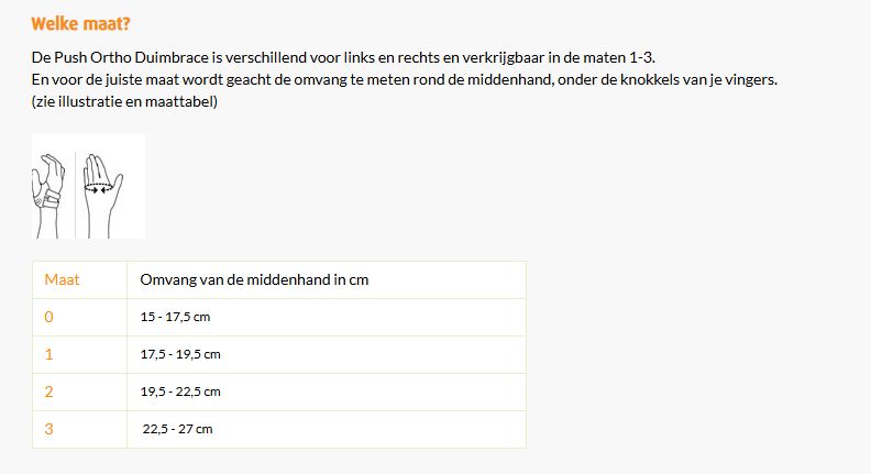 Maattabel Push Ortho Duimbrace CMC