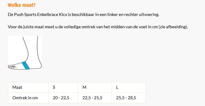 Maattabel Push sports enkelbrace kick