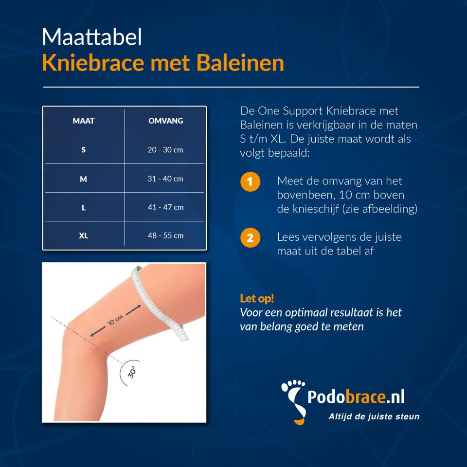 Maattabel van de One Support Kniebrace met baleinen