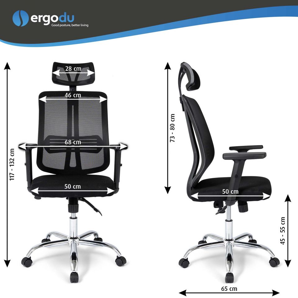 Ergodu ergonomische bureaustoel met verstelbare armleuningen maattabel