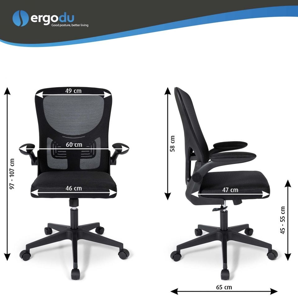 Ergodu ergonomische bureaustoel met opklapbare armleuningen maattabel