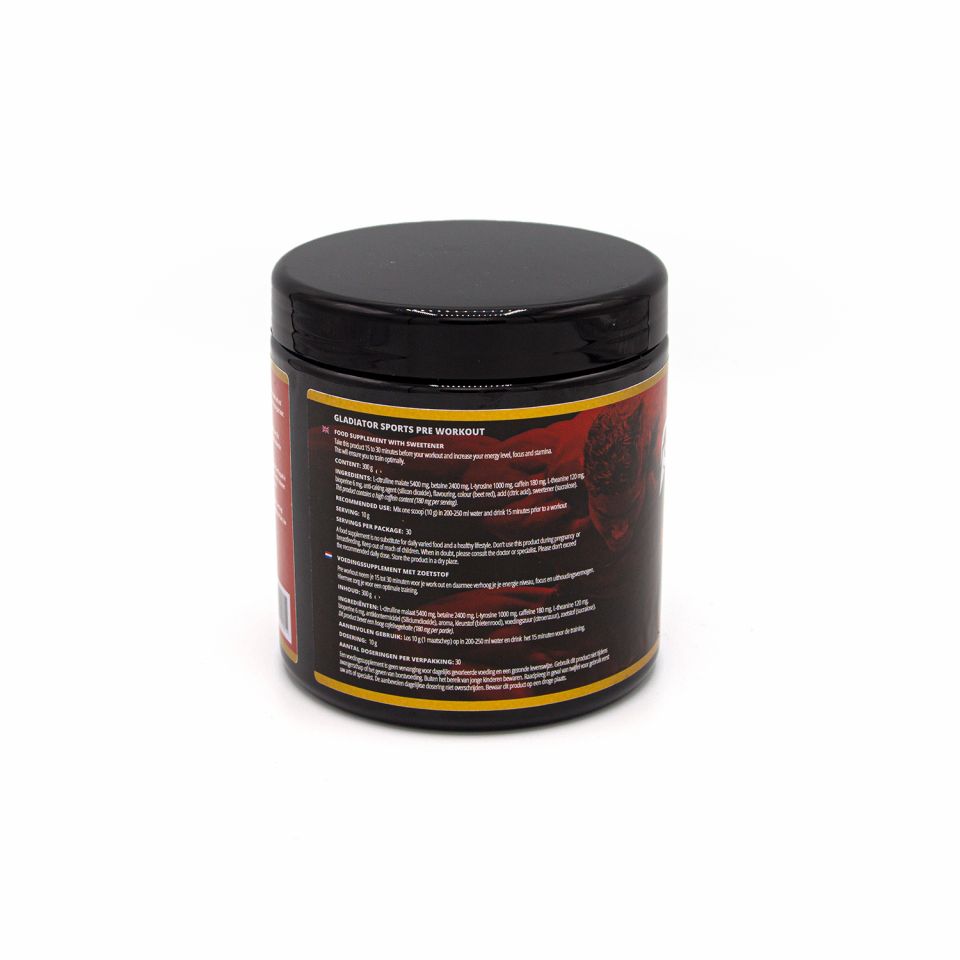 gladiator sports pre workout linker zijkant