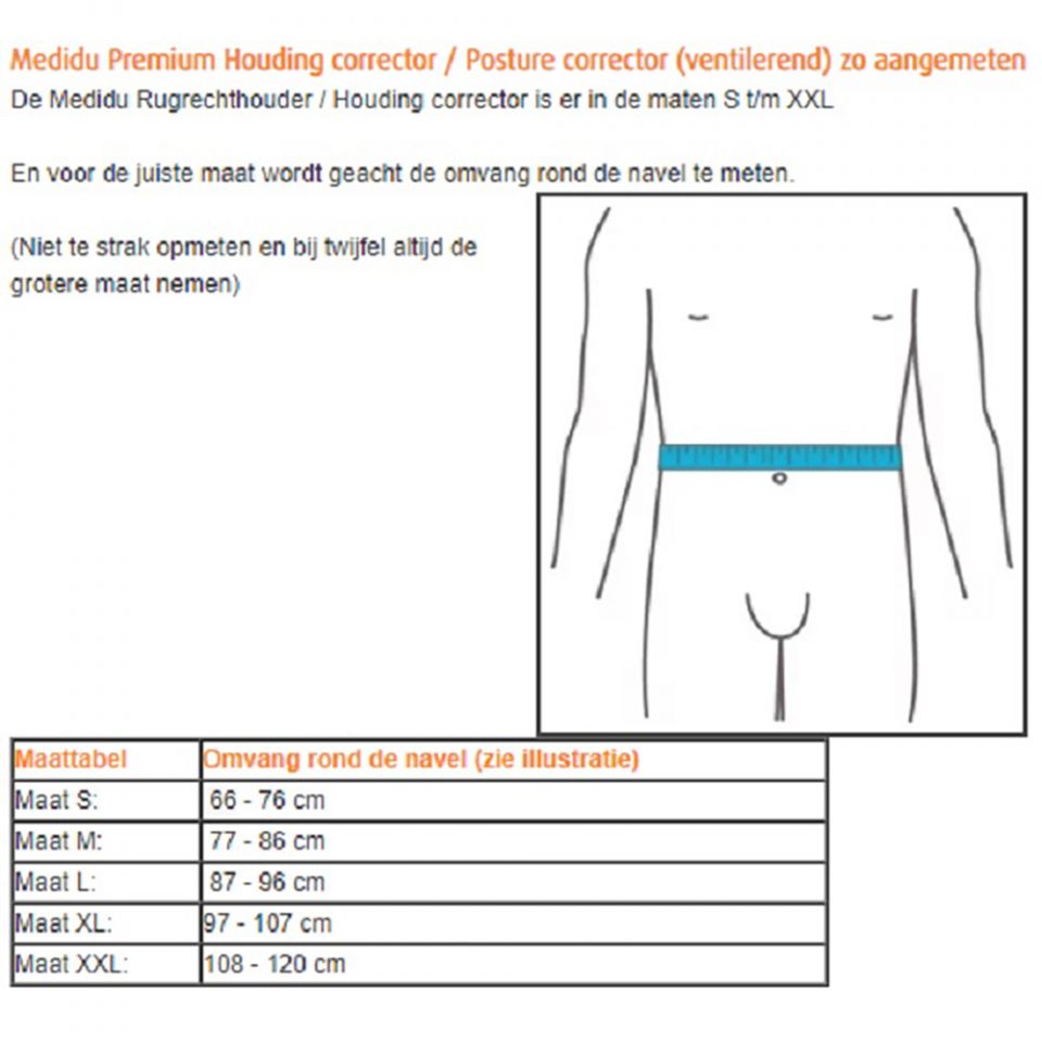 medidu premium houding corrector posture corrector ventilerend maattabel